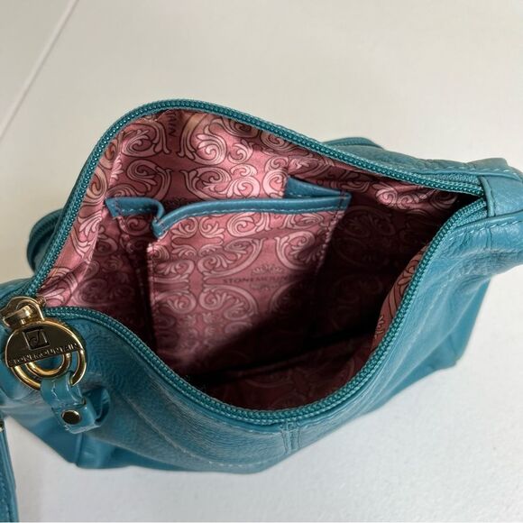 Stone Mountain Teal Leather Shoulder Strap Bag Studded Outer Wallet Pouch Purse - Picture 7 of 13